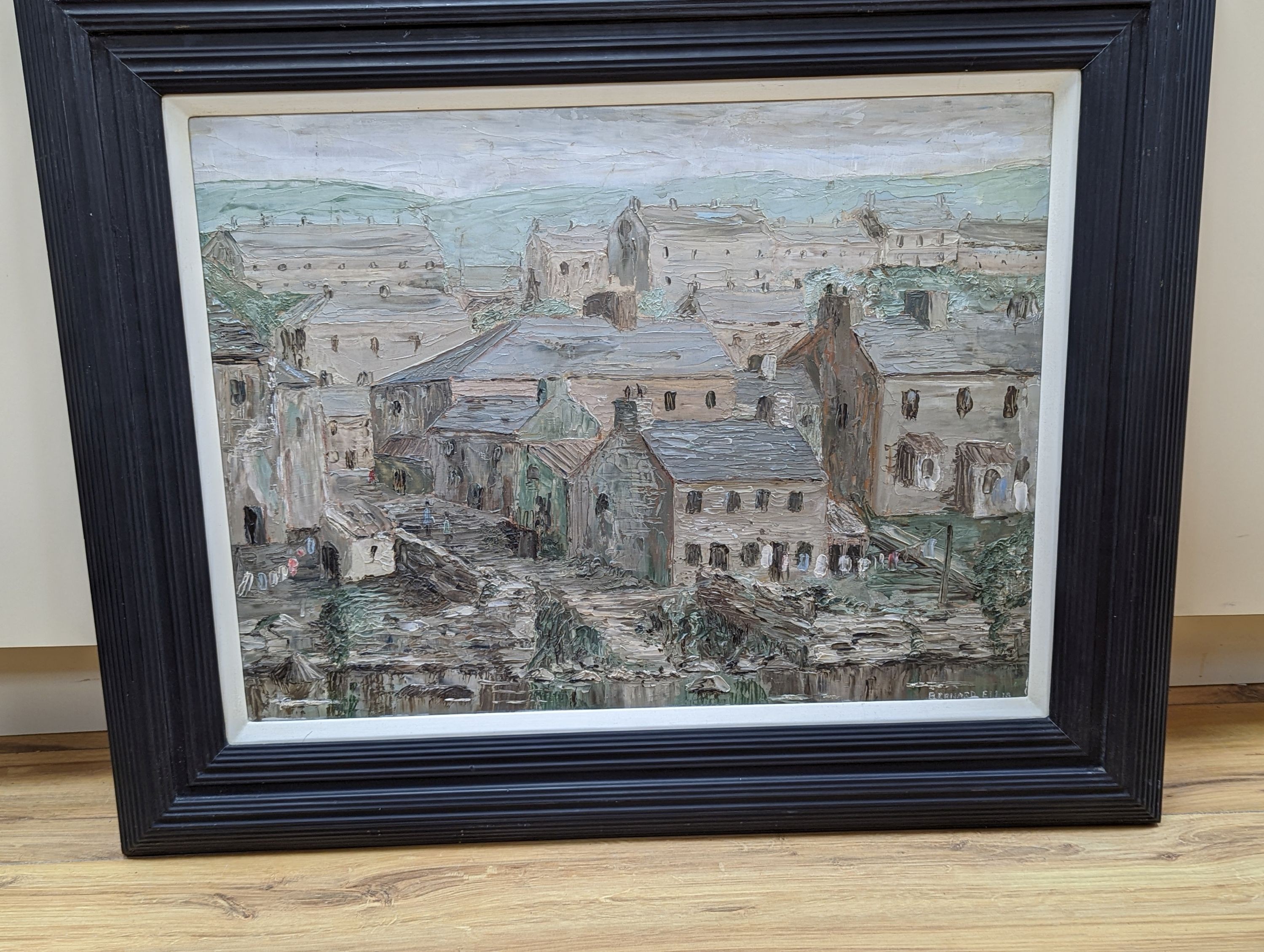 Bernard Ellis, oil on board, Welsh village, signed with labels verso, 44 x 59cm